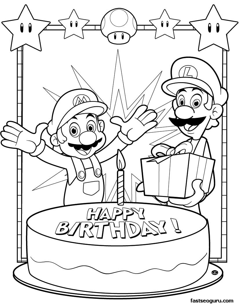 Printable Coloring pages Mario and Luigi happy birthday